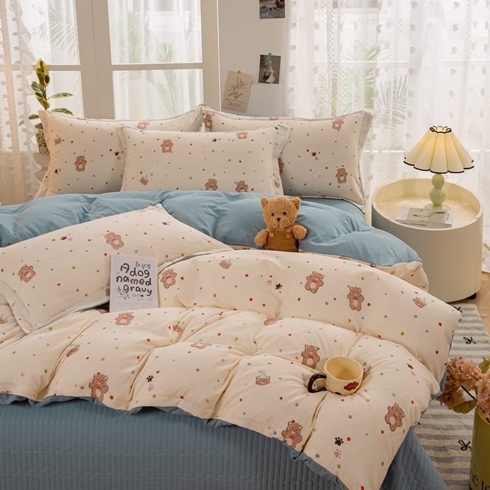 91家纺网 家纺一手货源 找家纺 梦莱斯 2024新款A类提花针织棉床盖四件套 饼干熊