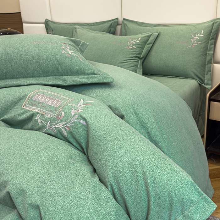 91家纺网 家纺一手货源 找家纺 U品汇 2024新品生态加厚长绒棉纯棉绣花全棉磨毛刺绣四件套宽边款直播 一叶知秋-绿