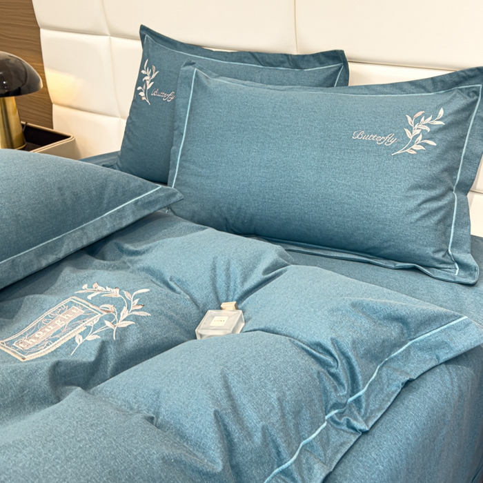 91家纺网 家纺一手货源 找家纺 U品汇 2024新品生态加厚长绒棉纯棉绣花全棉磨毛刺绣四件套宽边款直播 一叶知秋-兰