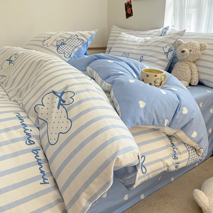 桃子家居 2024新款纯棉小清新卡通少女13372系列四件套 棉-蓝条可爱兔