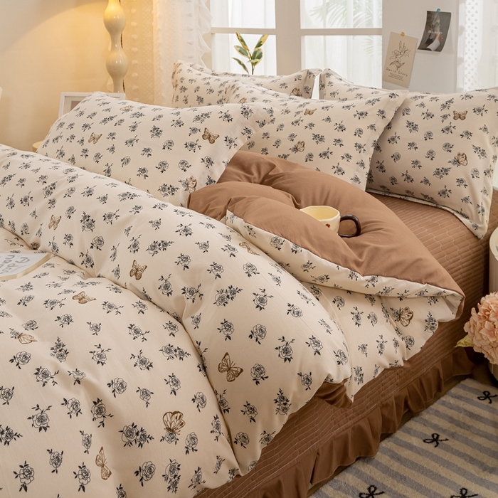 91家纺网 家纺一手货源 找家纺 梦莱斯 2024新款A类提花针织棉床盖四件套 蝶恋花咖