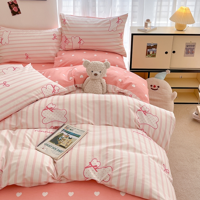 91家纺网 家纺一手货源 找家纺 桃子家居  2024新款纯棉小清新卡通少女13372系列四件套 棉-粉玉兔