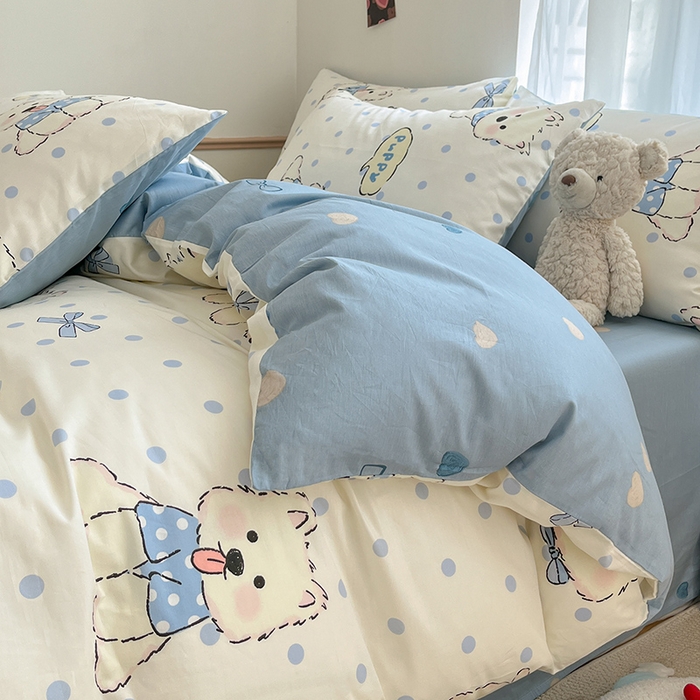 91家纺网 家纺一手货源 找家纺 桃子家居  2024新款纯棉小清新卡通少女13372系列四件套 棉-波点狗