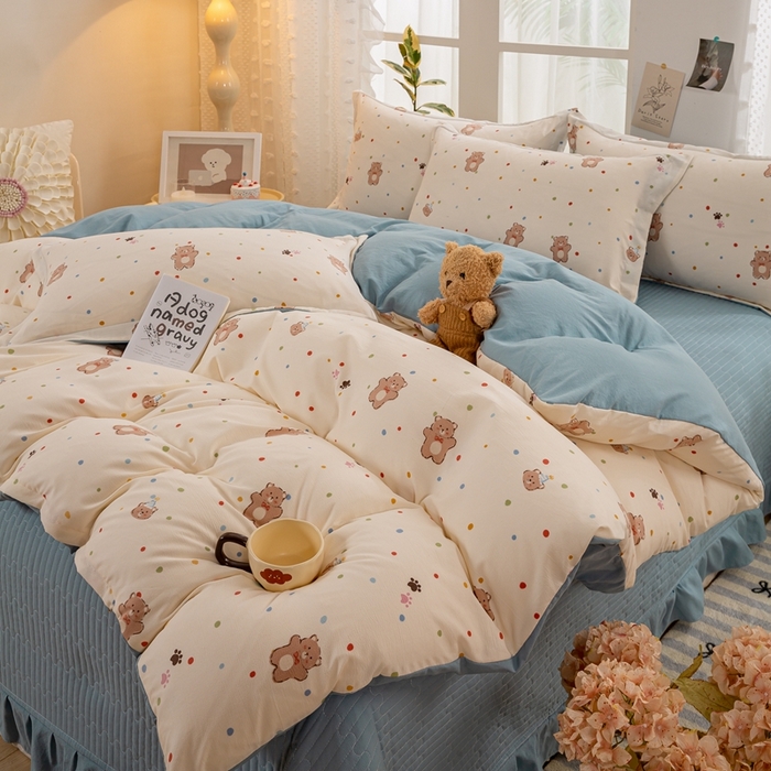 91家纺网 家纺一手货源 找家纺 梦莱斯 2024新款A类提花针织棉床盖四件套 饼干熊