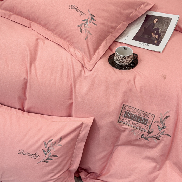 91家纺网 家纺一手货源 找家纺 U品汇 2024新品生态加厚长绒棉纯棉绣花全棉磨毛刺绣四件套宽边款直播 一叶知秋-粉玉