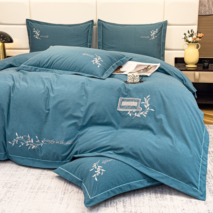 91家纺网 家纺一手货源 找家纺 U品汇 2024新品生态加厚长绒棉纯棉绣花全棉磨毛刺绣四件套宽边款直播 一叶知秋-兰