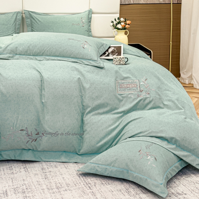 91家纺网 家纺一手货源 找家纺 U品汇 2024新品生态加厚长绒棉纯棉绣花全棉磨毛刺绣四件套宽边款直播 一叶知秋-浅绿