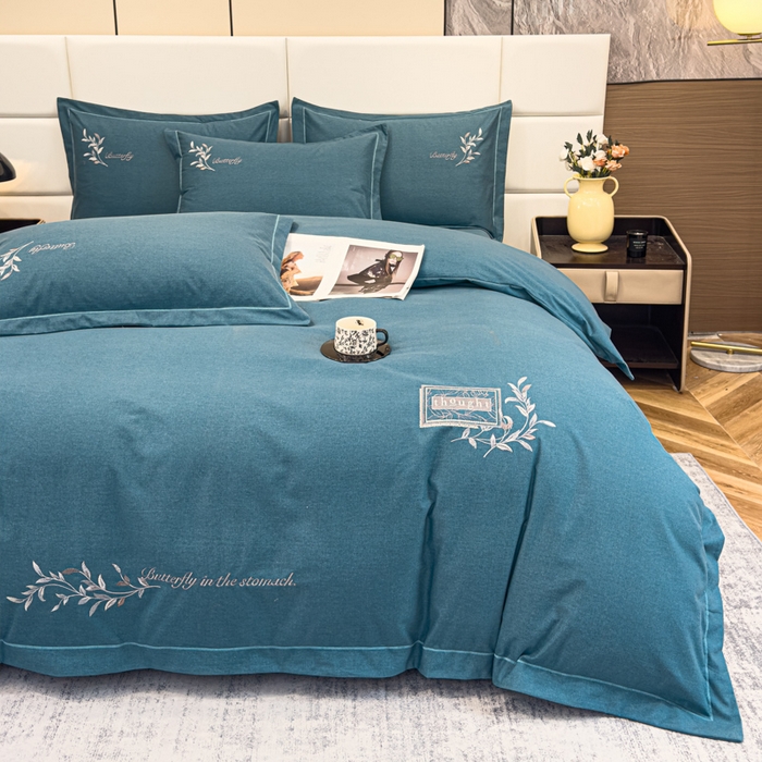 91家纺网 家纺一手货源 找家纺 U品汇 2024新品生态加厚长绒棉纯棉绣花全棉磨毛刺绣四件套宽边款直播 一叶知秋-兰