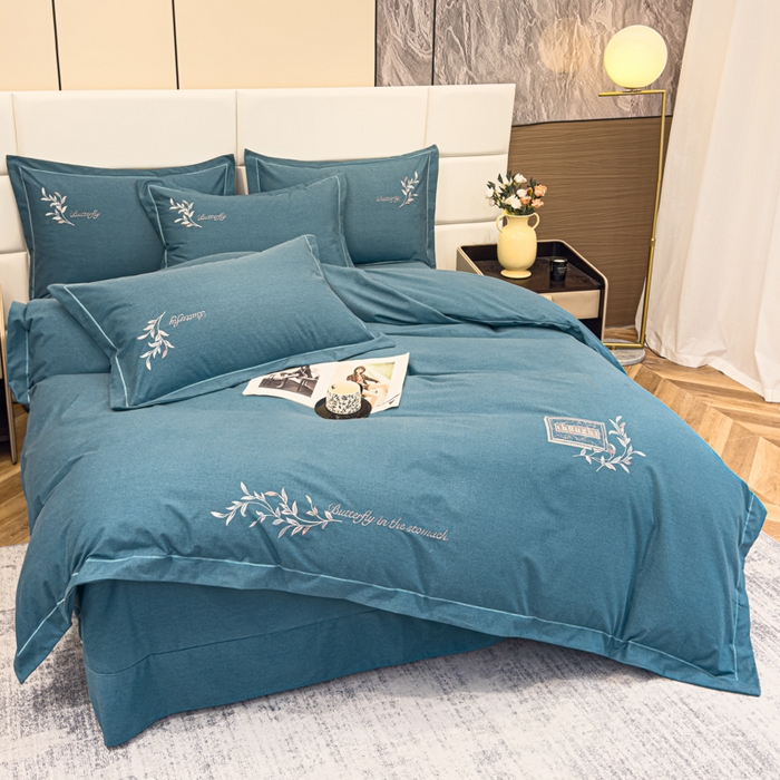 91家纺网 家纺一手货源 找家纺 U品汇 2024新品生态加厚长绒棉纯棉绣花全棉磨毛刺绣四件套宽边款直播 一叶知秋-兰