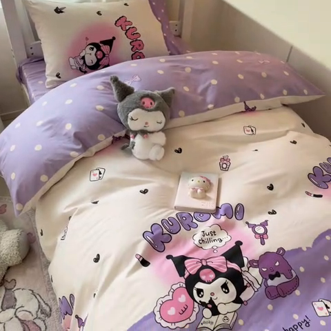 91家纺网 家纺一手货源 找家纺 2024新款三丽鸥授权全棉少女印花系列学生三件套四件套 棉三丽鸥-美梦库洛米