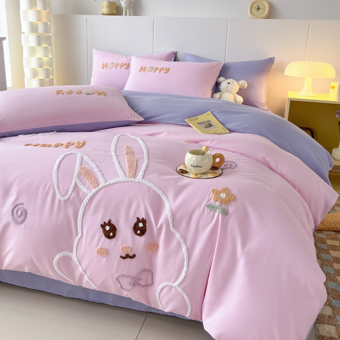 91家纺网 家纺一手货源 找家纺 言熙居家纺 2024新款加厚磨毛110克亲肤棉四件套 樱花粉+灰紫