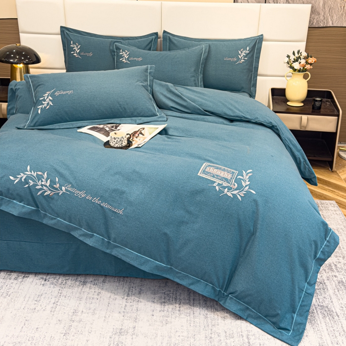 91家纺网 家纺一手货源 找家纺 U品汇 2024新品生态加厚长绒棉纯棉绣花全棉磨毛刺绣四件套宽边款直播 一叶知秋-兰