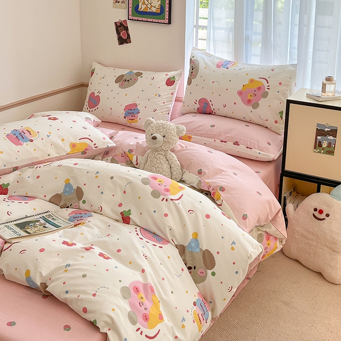 91家纺网 家纺一手货源 找家纺 桃子家居  2024新款纯棉小清新卡通少女13372系列四件套 棉-花花酱