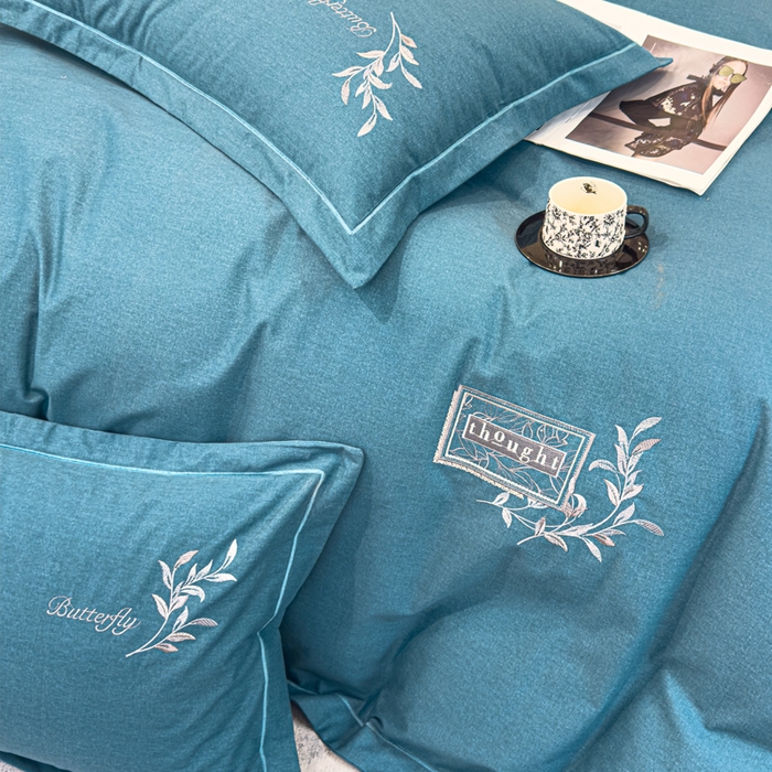 91家纺网 家纺一手货源 找家纺 U品汇 2024新品生态加厚长绒棉纯棉绣花全棉磨毛刺绣四件套宽边款直播 一叶知秋-兰