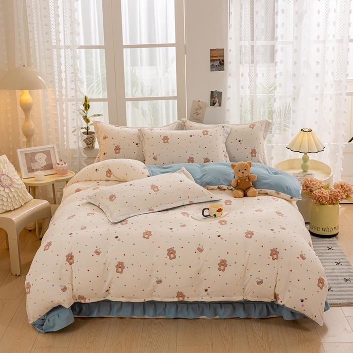 91家纺网 家纺一手货源 找家纺 梦莱斯 2024新款A类提花针织棉床盖四件套 饼干熊