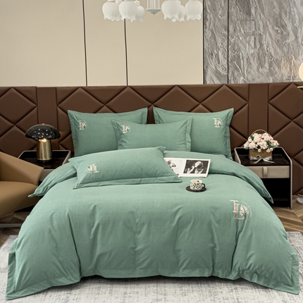 U品汇 2024新品生态加厚长绒棉纯棉绣花全棉磨毛刺绣四件套宽边款直播 漫步梧桐-绿