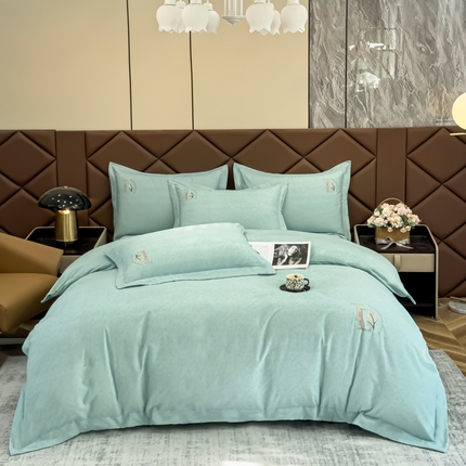 U品汇 2024新品生态加厚长绒棉纯棉绣花全棉磨毛刺绣四件套宽边款直播 漫步梧桐-浅绿