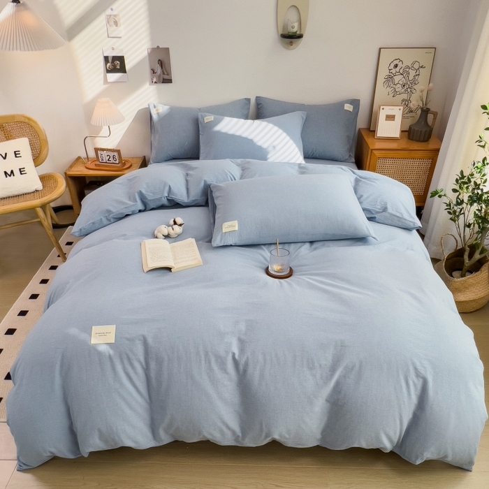 91家纺网 家纺一手货源 找家纺 2024新款无印风水洗棉亲肤简约学生三件套 优雅蓝