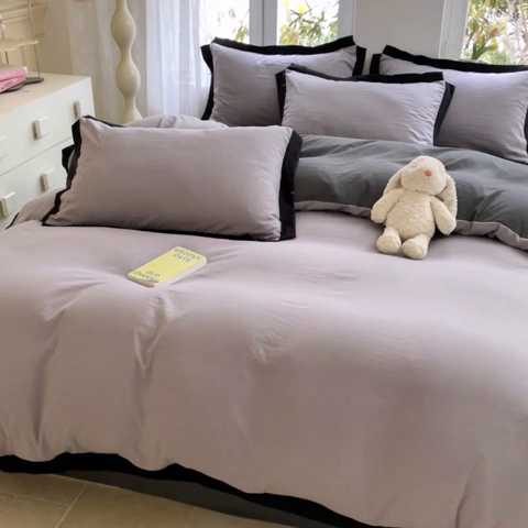 91家纺网 家纺一手货源 找家纺 慕澄家纺 2024新款美拉德风双拼四件套 美拉德-浅灰+深灰