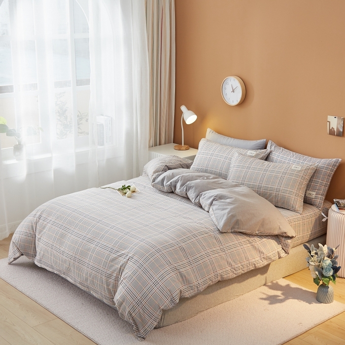 91家纺网 家纺一手货源 找家纺 2024新款无印风水洗棉亲肤简约学生三件套 曼森灰格