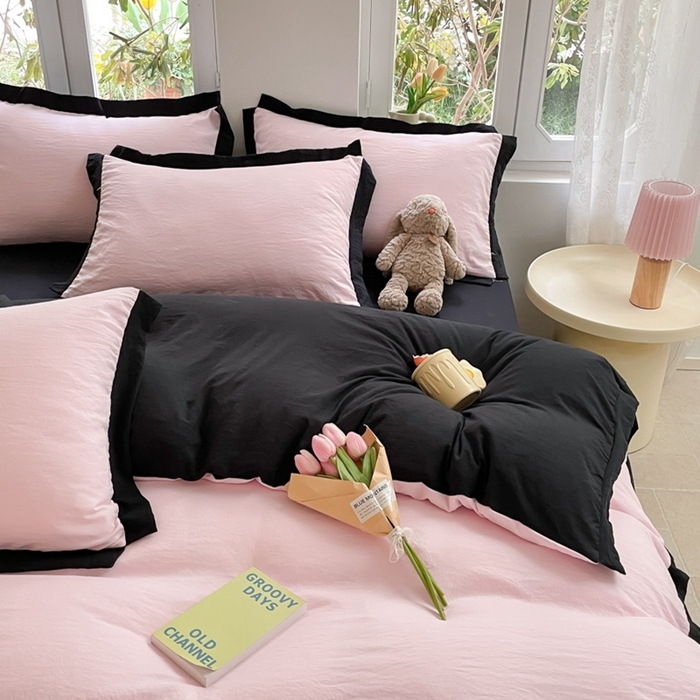 91家纺网 家纺一手货源 找家纺 慕澄家纺 2024新款美拉德风双拼四件套 美拉德-粉+黑