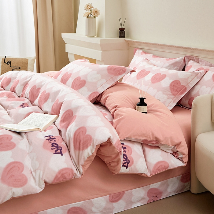 91家纺网 家纺一手货源 找家纺 橙艺家居 2024新款全棉超柔生态磨毛四件套全棉四件套纯棉四件套 心心相印-粉
