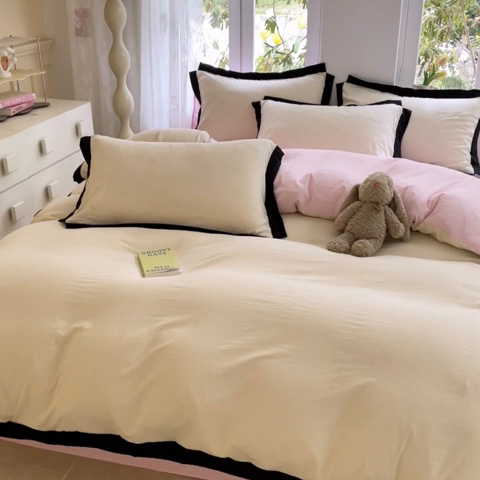 91家纺网 家纺一手货源 找家纺 慕澄家纺 2024新款美拉德风双拼四件套 美拉德-米白+浅粉