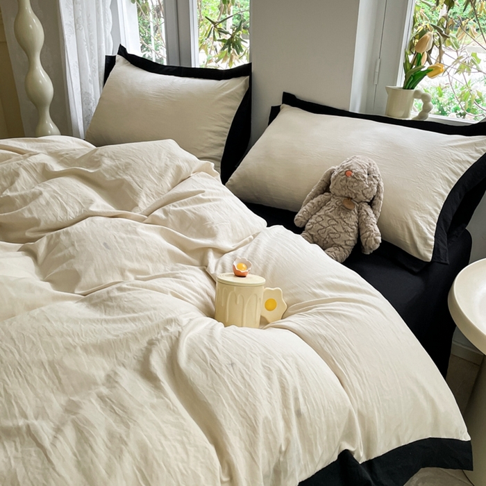 91家纺网 家纺一手货源 找家纺 慕澄家纺 2024新款美拉德风双拼四件套 美拉德-米白+黑