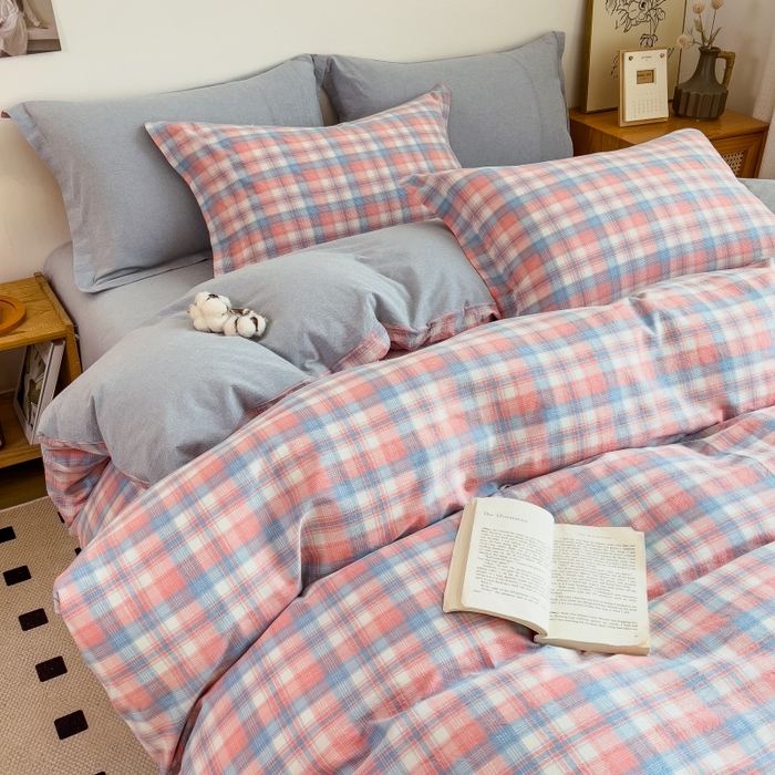 91家纺网 家纺一手货源 找家纺 2024新款无印风水洗棉亲肤简约学生三件套 炫彩格