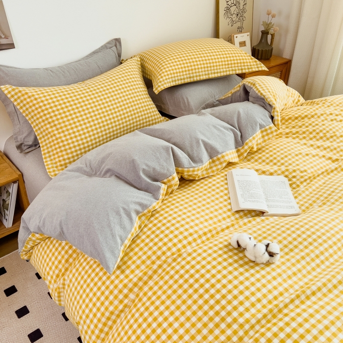 91家纺网 家纺一手货源 找家纺 2024新款无印风水洗棉亲肤简约学生三件套 小黄格