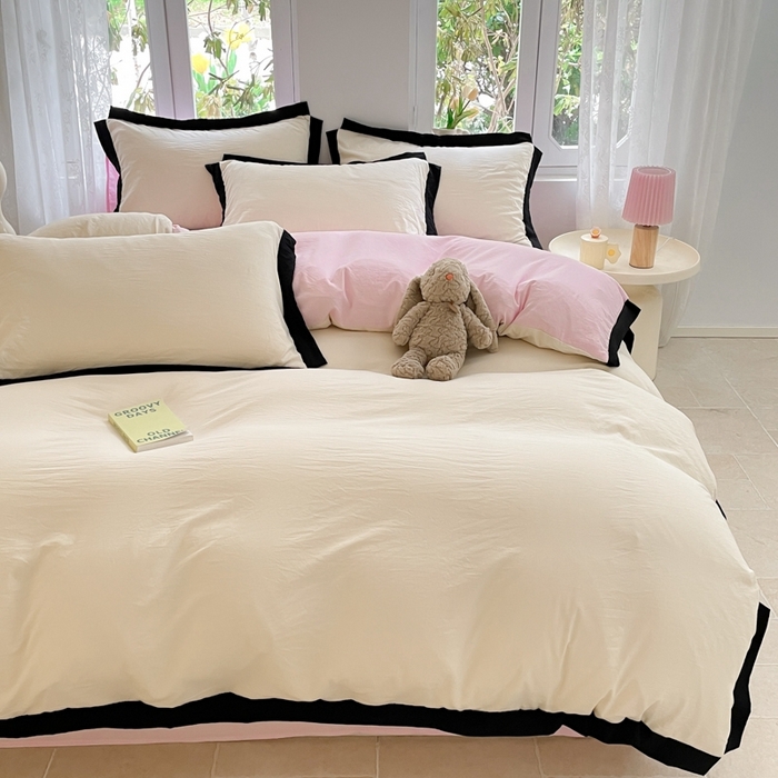 91家纺网 家纺一手货源 找家纺 慕澄家纺 2024新款美拉德风双拼四件套 美拉德-米白+浅粉