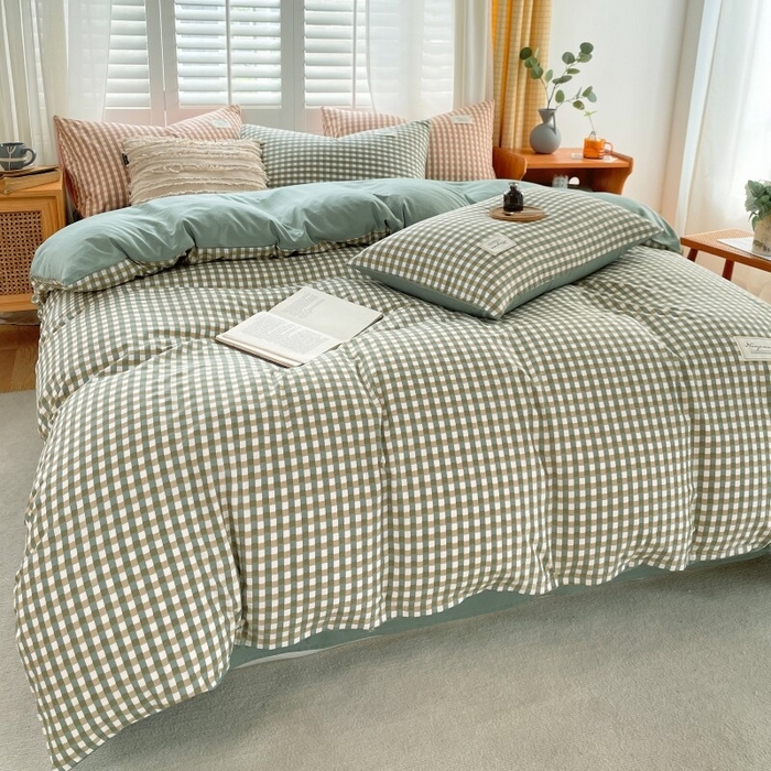 91家纺网 家纺一手货源 找家纺 2024新款无印风水洗棉亲肤简约学生三件套 小方绿