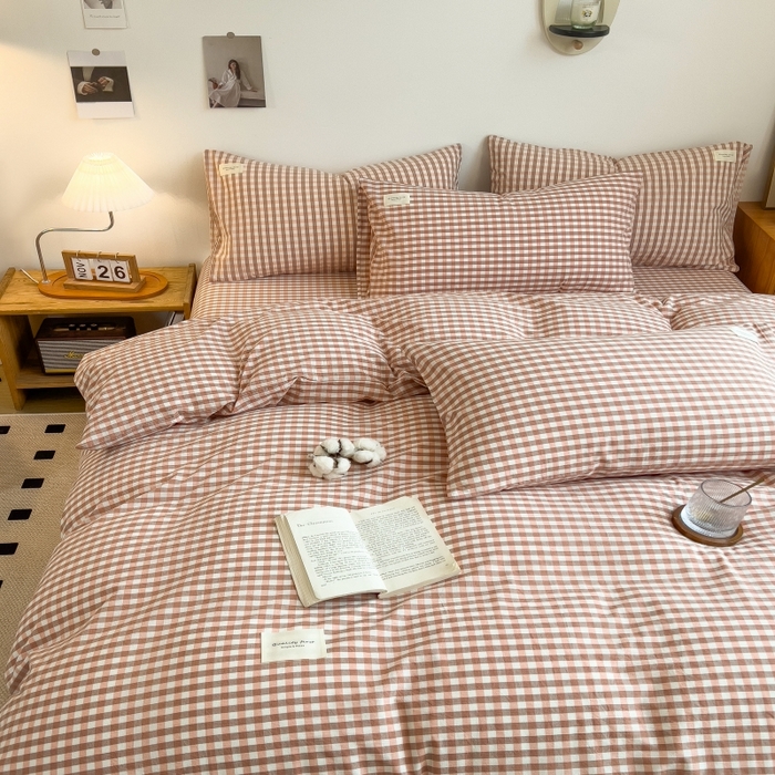 91家纺网 家纺一手货源 找家纺 2024新款无印风水洗棉亲肤简约学生三件套 玉小格