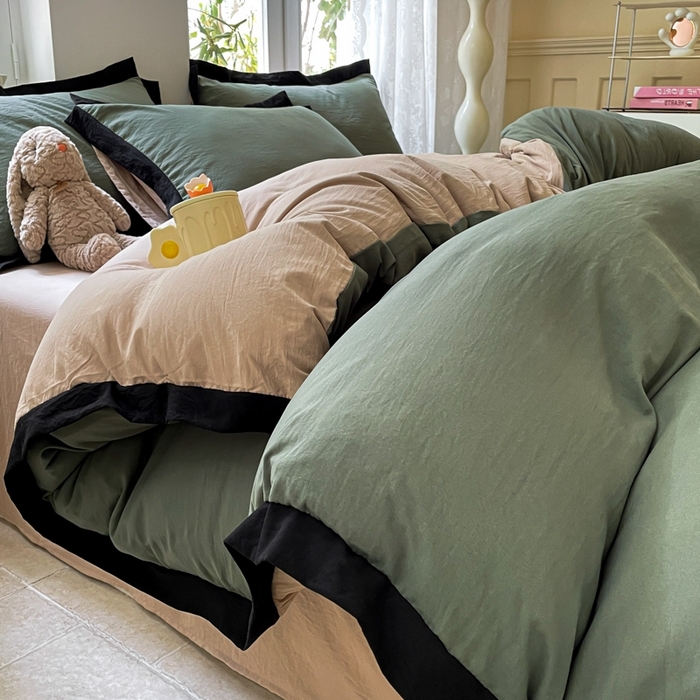 91家纺网 家纺一手货源 找家纺 慕澄家纺 2024新款美拉德风双拼四件套 美拉德-绿+浅米