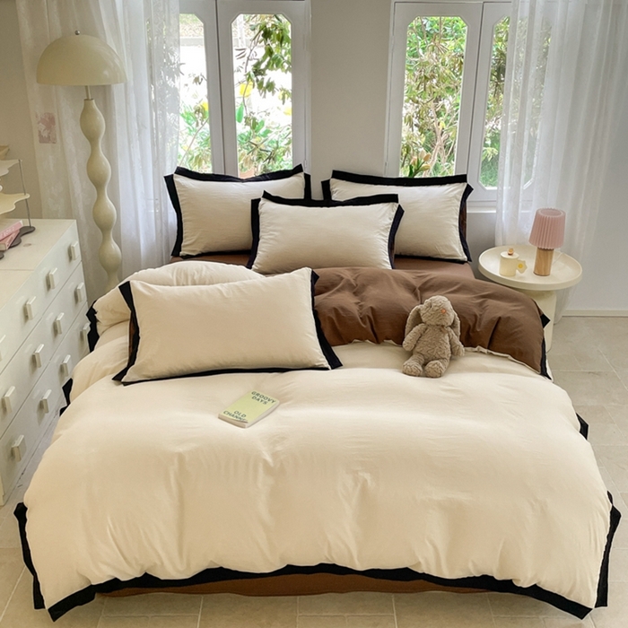 91家纺网 家纺一手货源 找家纺 慕澄家纺 2024新款美拉德风双拼四件套 美拉德-米白+深咖