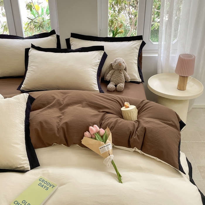 91家纺网 家纺一手货源 找家纺 慕澄家纺 2024新款美拉德风双拼四件套 美拉德-米白+深咖