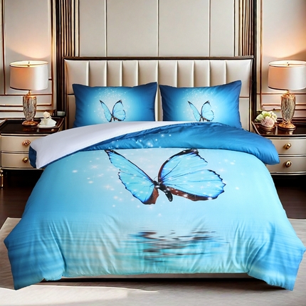 璐维斯家纺 20255新款 现货 外贸跨境数码印花大版被套三件套temu shein 亚马逊床品套装床单款床笠款四件套 清新蝴蝶蓝
