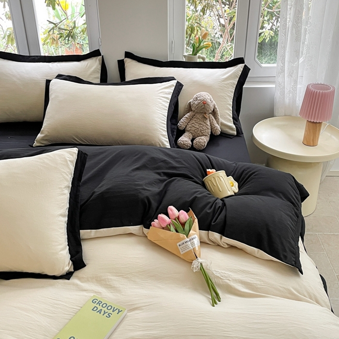 91家纺网 家纺一手货源 找家纺 慕澄家纺 2024新款美拉德风双拼四件套 美拉德-米白+黑