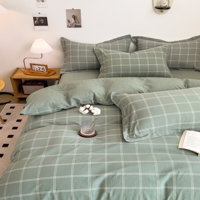 91家纺网 家纺一手货源 找家纺 2024新款无印风水洗棉亲肤简约学生三件套 格韵绿