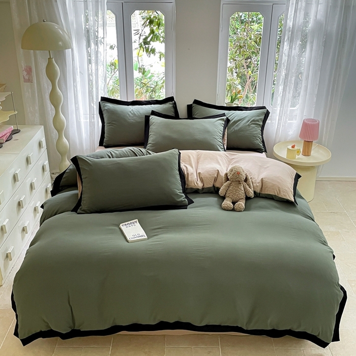 91家纺网 家纺一手货源 找家纺 慕澄家纺 2024新款美拉德风双拼四件套 美拉德-绿+浅米