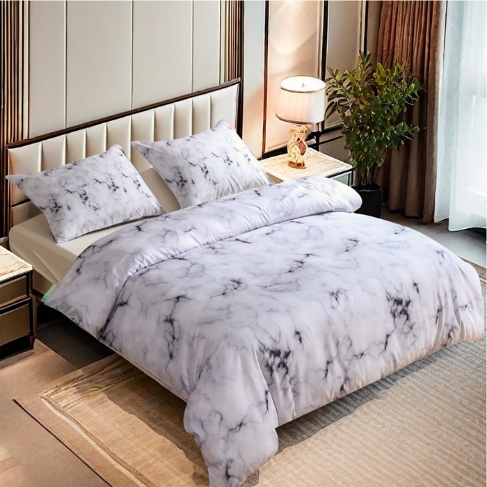 91家纺网 家纺一手货源 找家纺 璐维斯家纺 20255新款 现货 外贸跨境数码印花大版被套三件套temu shein 亚马逊床品套装床单款床笠款四件套 白色大理石纹