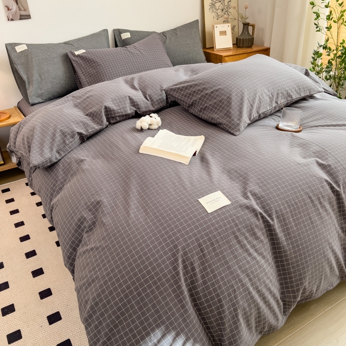 91家纺网 家纺一手货源 找家纺 2024新款无印风水洗棉亲肤简约学生三件套 小黑格