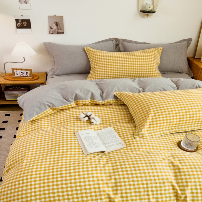 91家纺网 家纺一手货源 找家纺 2024新款无印风水洗棉亲肤简约学生三件套 小黄格