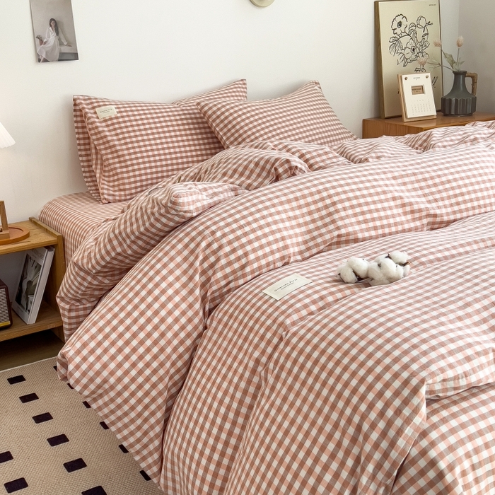 91家纺网 家纺一手货源 找家纺 2024新款无印风水洗棉亲肤简约学生三件套 玉小格