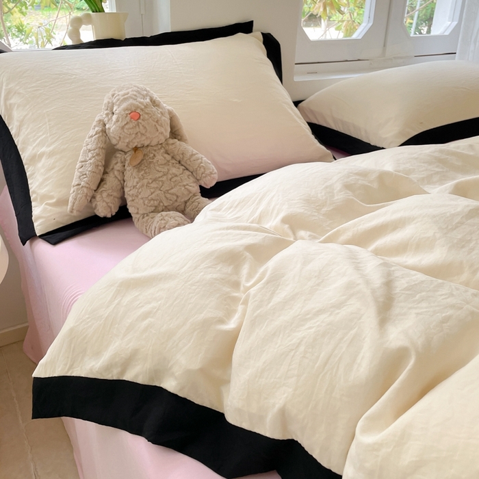 91家纺网 家纺一手货源 找家纺 慕澄家纺 2024新款美拉德风双拼四件套 美拉德-米白+浅粉