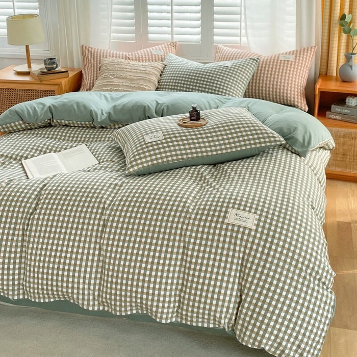 91家纺网 家纺一手货源 找家纺 2024新款无印风水洗棉亲肤简约学生三件套 小方绿