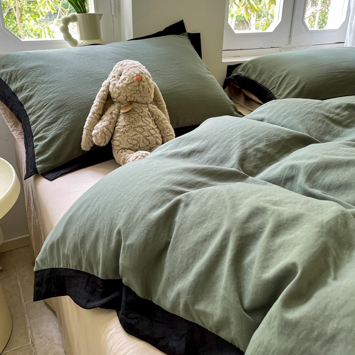 91家纺网 家纺一手货源 找家纺 慕澄家纺 2024新款美拉德风双拼四件套 美拉德-绿+浅米