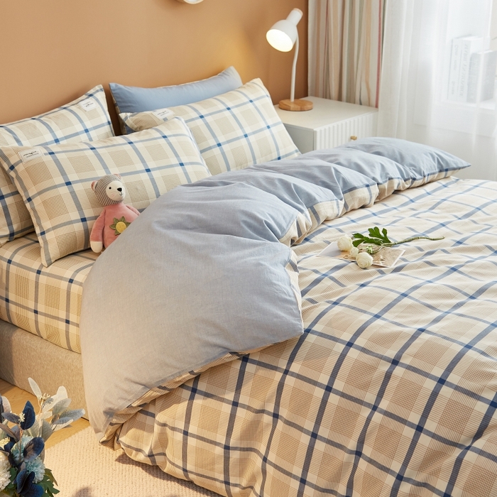 91家纺网 家纺一手货源 找家纺 2024新款无印风水洗棉亲肤简约学生三件套 英伦格