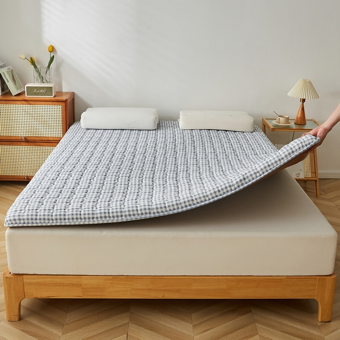 91家纺网 家纺一手货源 找家纺 迪乐妮 2024新款成人款藤席双面可用床垫（无印家居风） 蓝小格