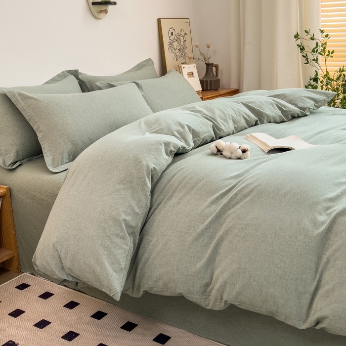 91家纺网 家纺一手货源 找家纺 2024新款无印风水洗棉亲肤简约学生三件套 薄荷绿